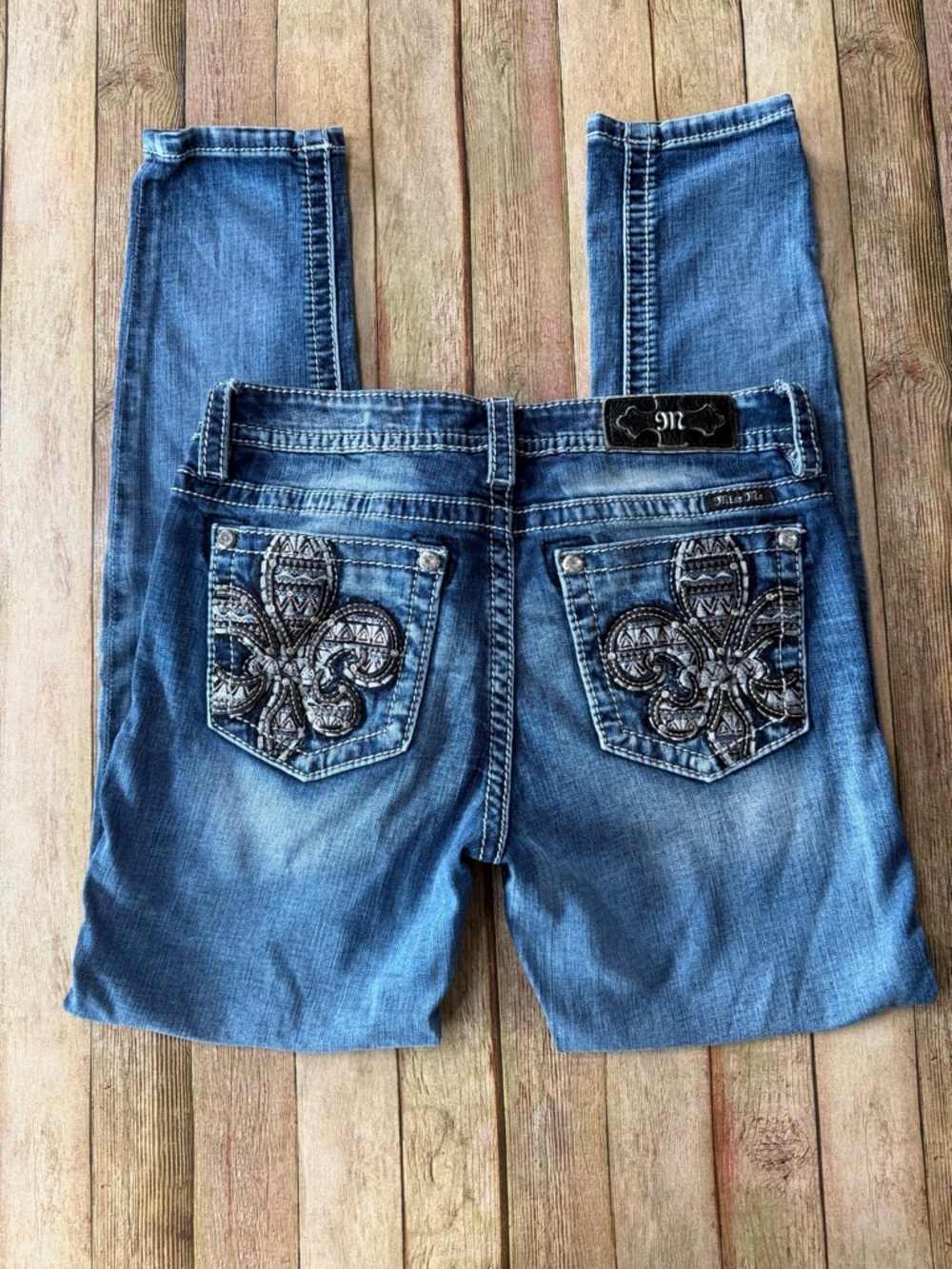 Miss Me Blue Skinny Jeans with Embroidered Fleur-de-Lis Pockets